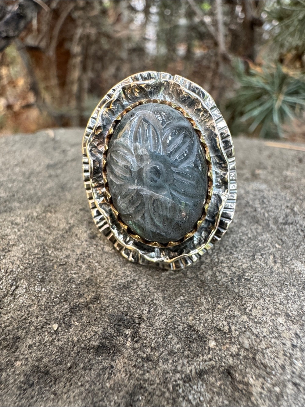Sundance Carved Floral Stone Statement Ring in Gray and Silver